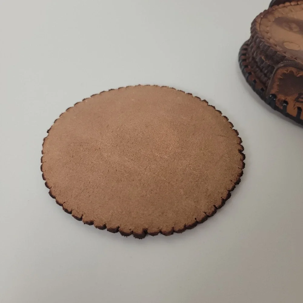 Casa De Esperanza Hand Tooled Leather Coaster Set 6 Piece Brown Floral Rustic